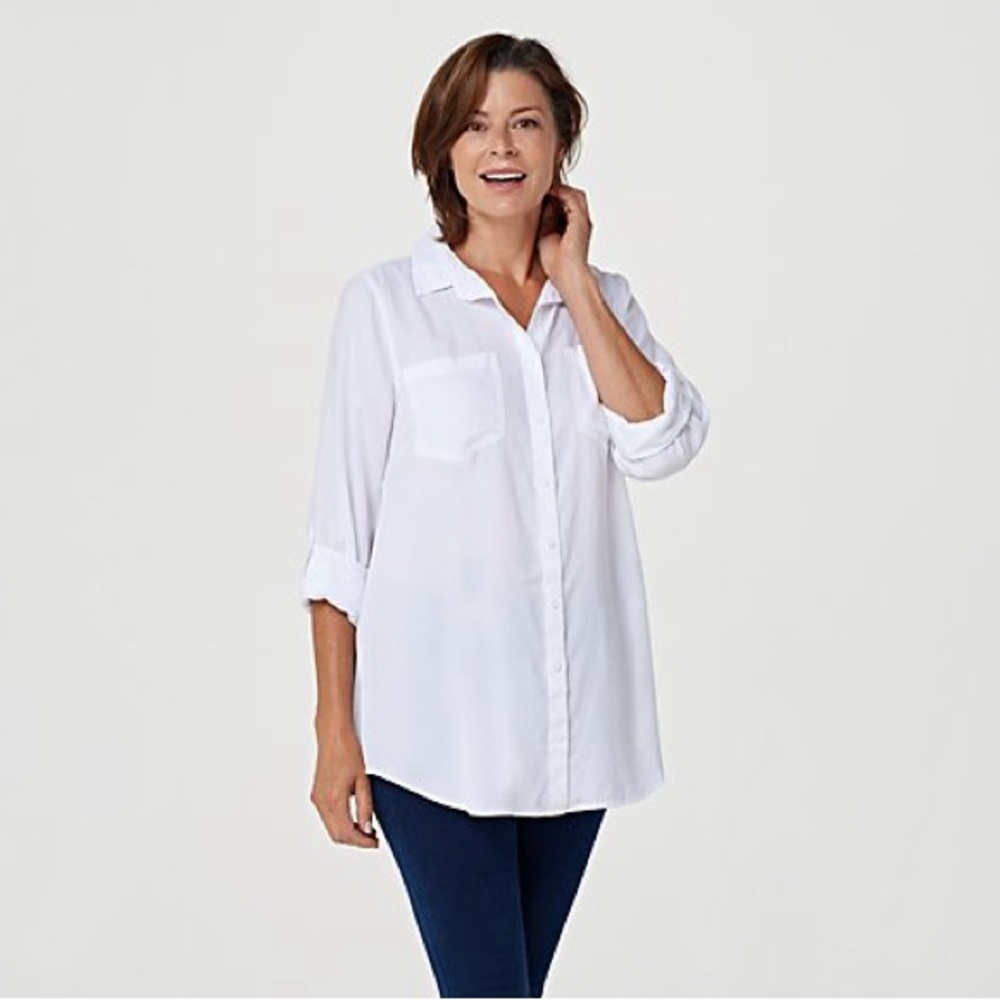 Side Stitch Button Front Curved Hem Tunic worth Roll Tab Sleeves